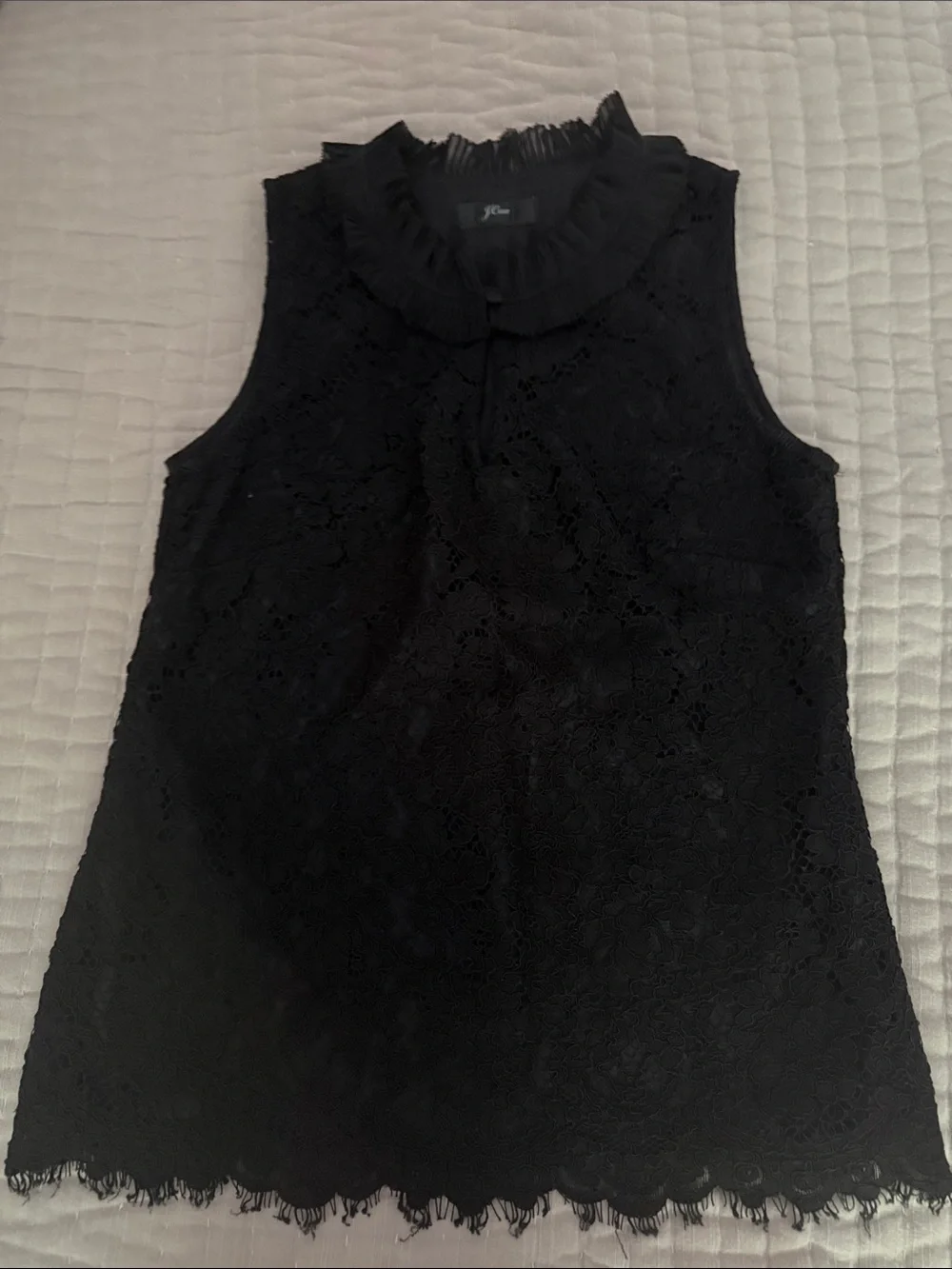 J. Crew Black Lace Sleeveless Ruffled Neck Top